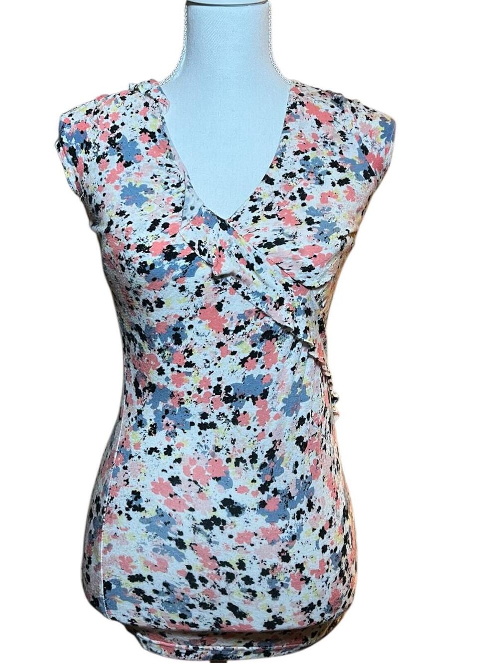 Candie's Floral Faux Wrap Top Small Ruffle V-Neck Rayon Spandex Y2K Cottagecore